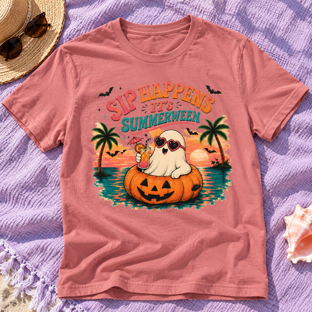 Summerween Spooky Beach Shirt | Tropical Ghost Tee Style 8 — zoomed-in lifestyle flat lay