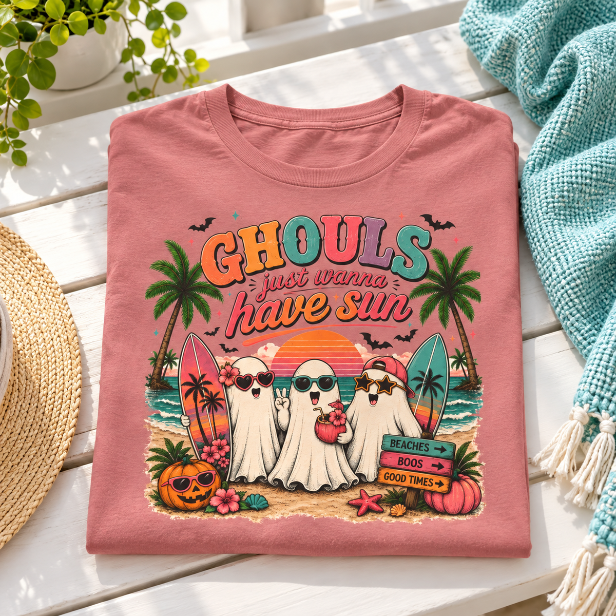 Summerween Spooky Beach Shirt | Tropical Ghost Tee Style 9 — folded lifestyle mockup