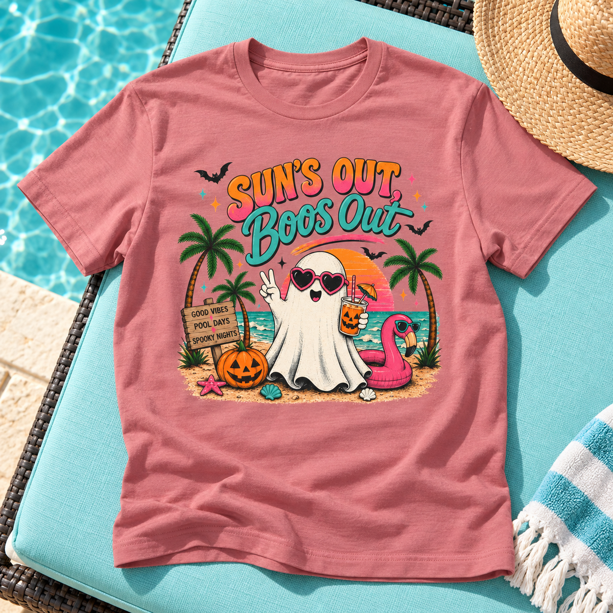 Summerween Spooky Beach Shirt | Tropical Ghost Tee Style 10 — zoomed-in lifestyle flat lay