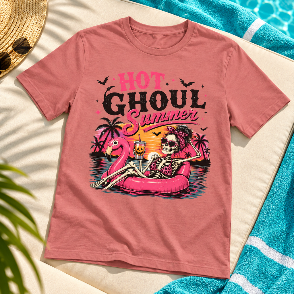Hot Ghoul Summer Skeleton Pool Float Shirt | Summerween Style 11 — zoomed-in lifestyle flat lay