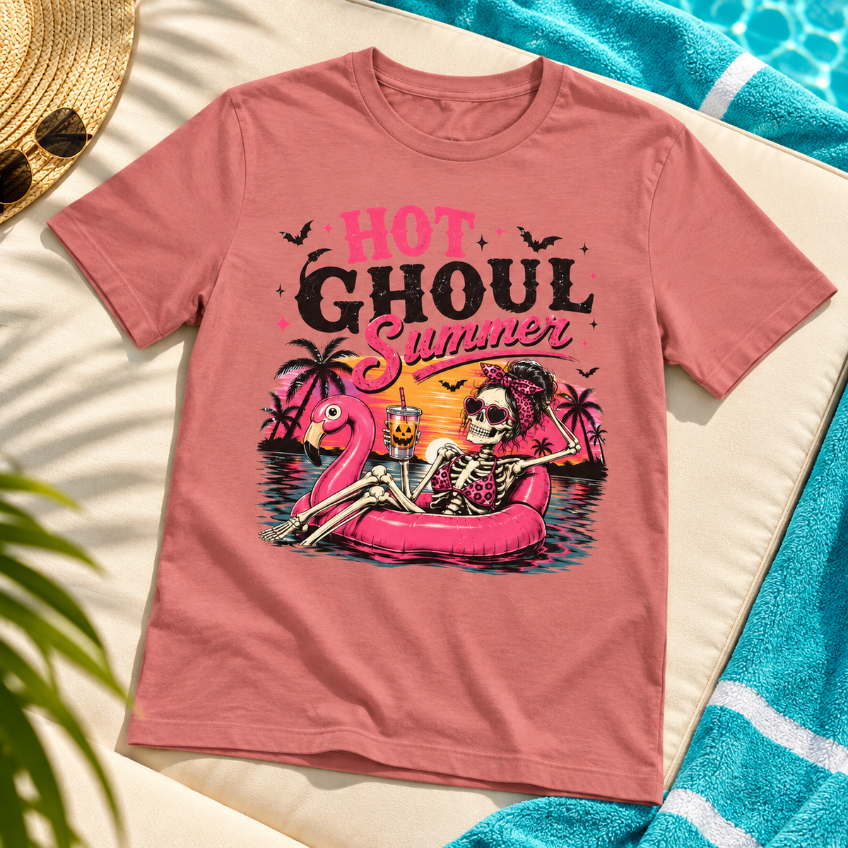 Hot Ghoul Summer Skeleton Pool Float Shirt | Summerween Style 11 — zoomed-in lifestyle flat lay
