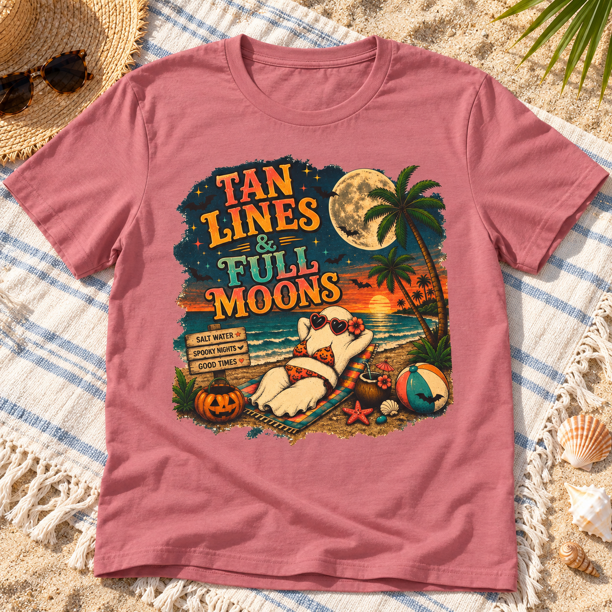 Summerween Spooky Beach Shirt | Tropical Ghost Tee Style 12 — zoomed-in lifestyle flat lay