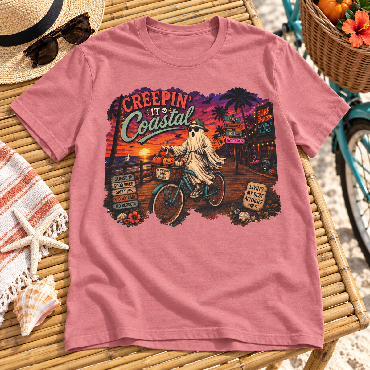 Summerween Spooky Beach Shirt | Tropical Ghost Tee Style 13 — zoomed-in lifestyle flat lay