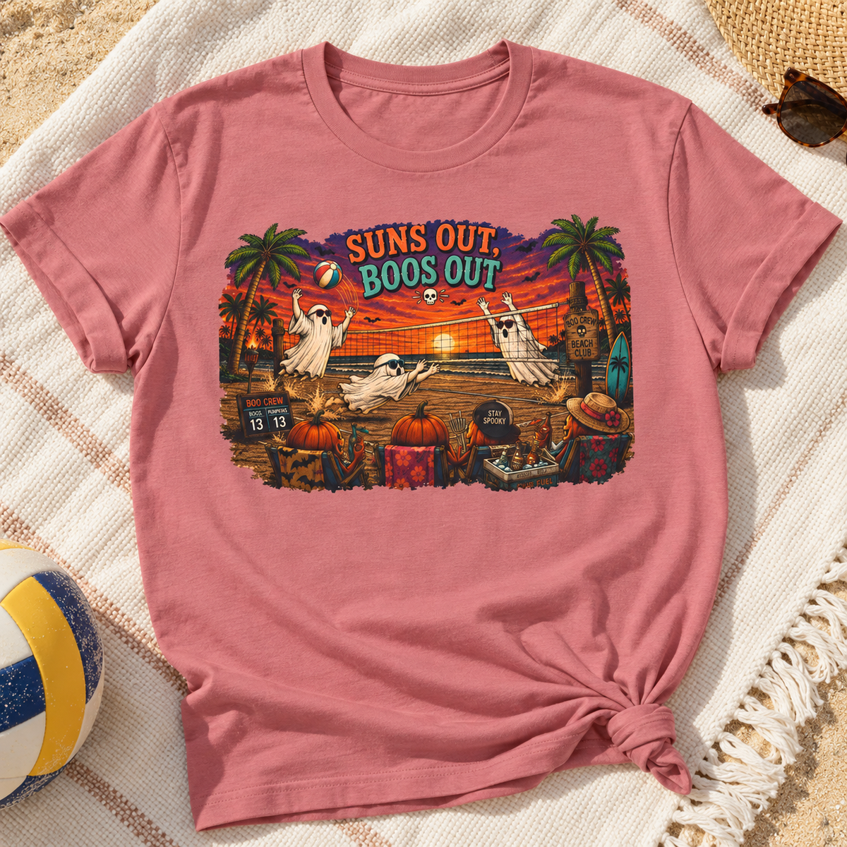 Summerween Spooky Beach Shirt | Tropical Ghost Tee Style 14 — zoomed-in lifestyle flat lay