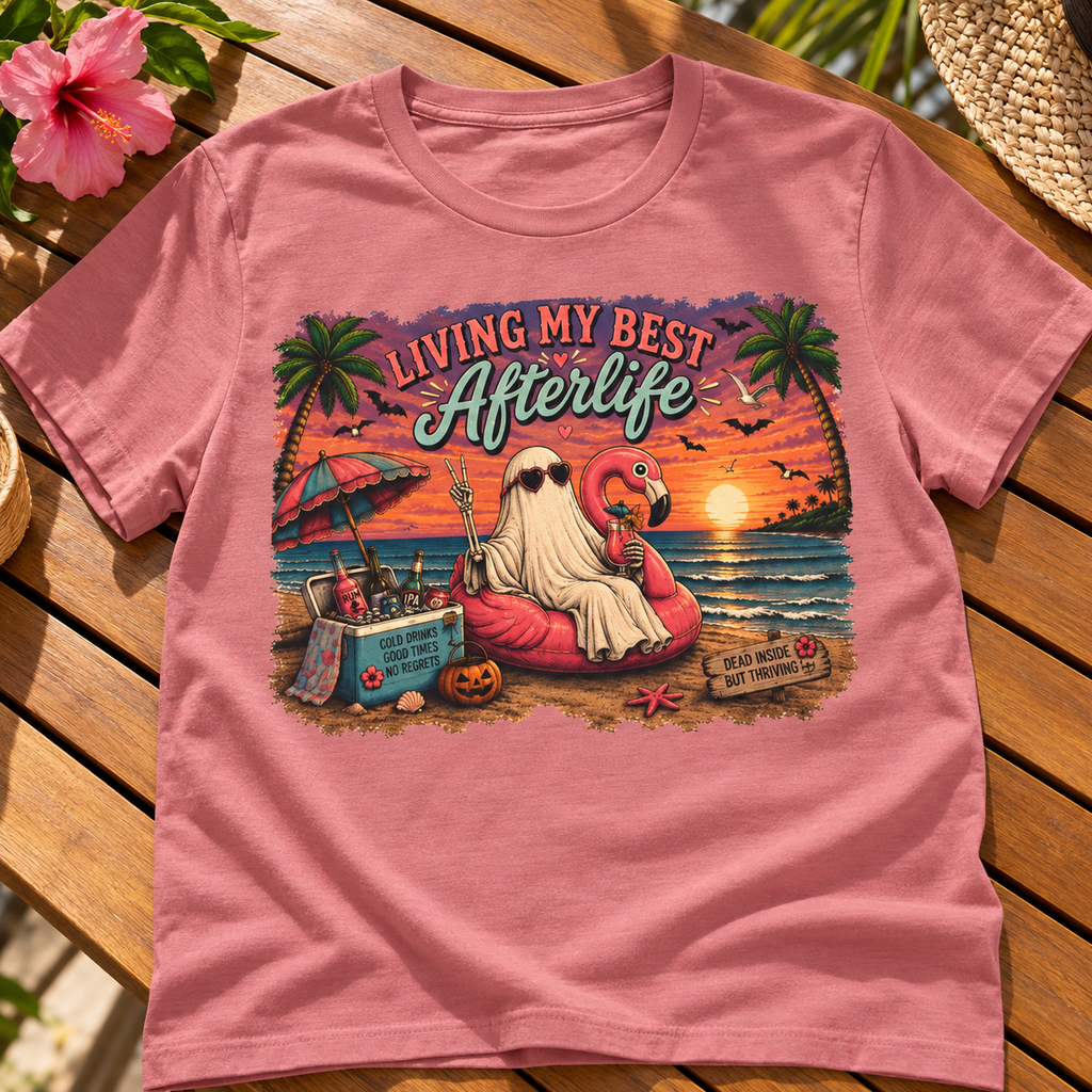 Summerween Spooky Beach Shirt | Tropical Ghost Tee Style 15 — zoomed-in lifestyle flat lay