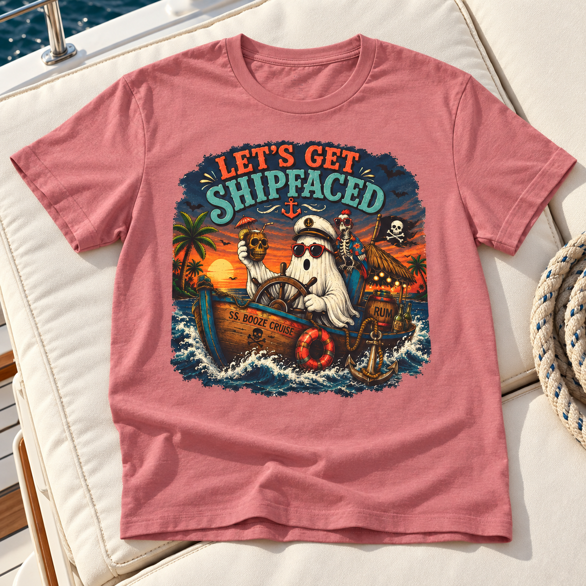 Summerween Spooky Beach Shirt | Tropical Ghost Tee Style 17 — zoomed-in lifestyle flat lay