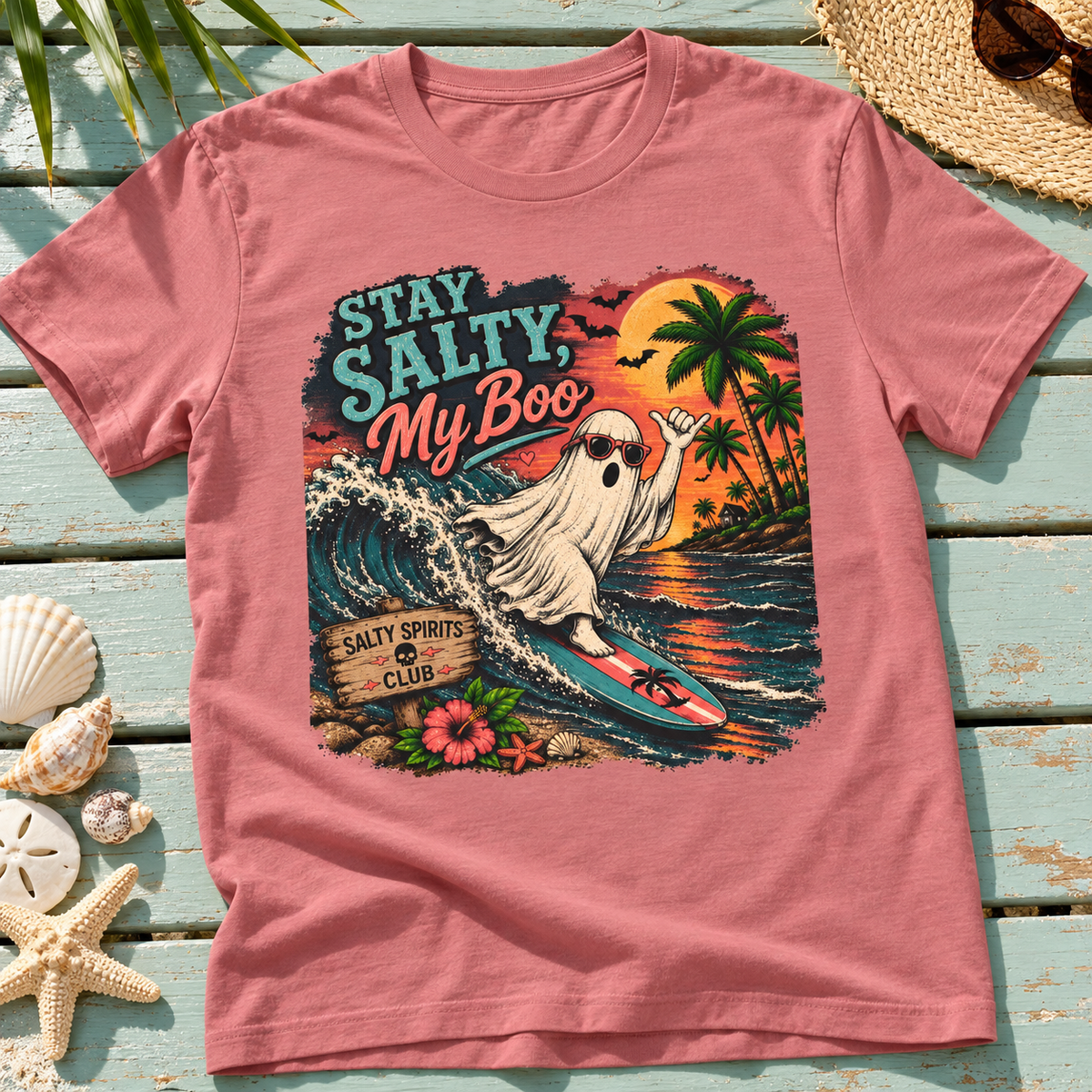 Summerween Spooky Beach Shirt | Tropical Ghost Tee Style 18 — zoomed-in lifestyle flat lay