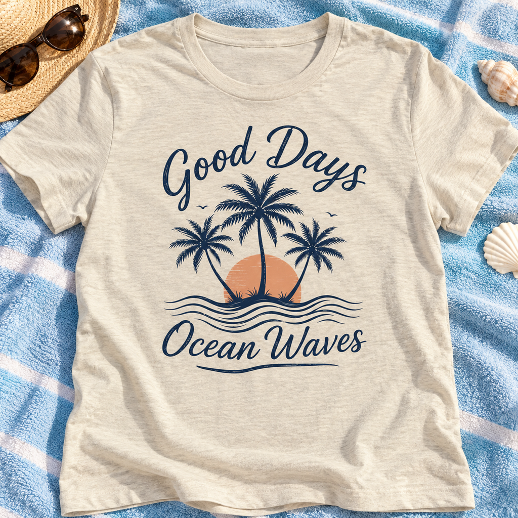Good Days Ocean Waves Shirt | Palm Sunset Beach Tee — zoomed-in lifestyle flat lay
