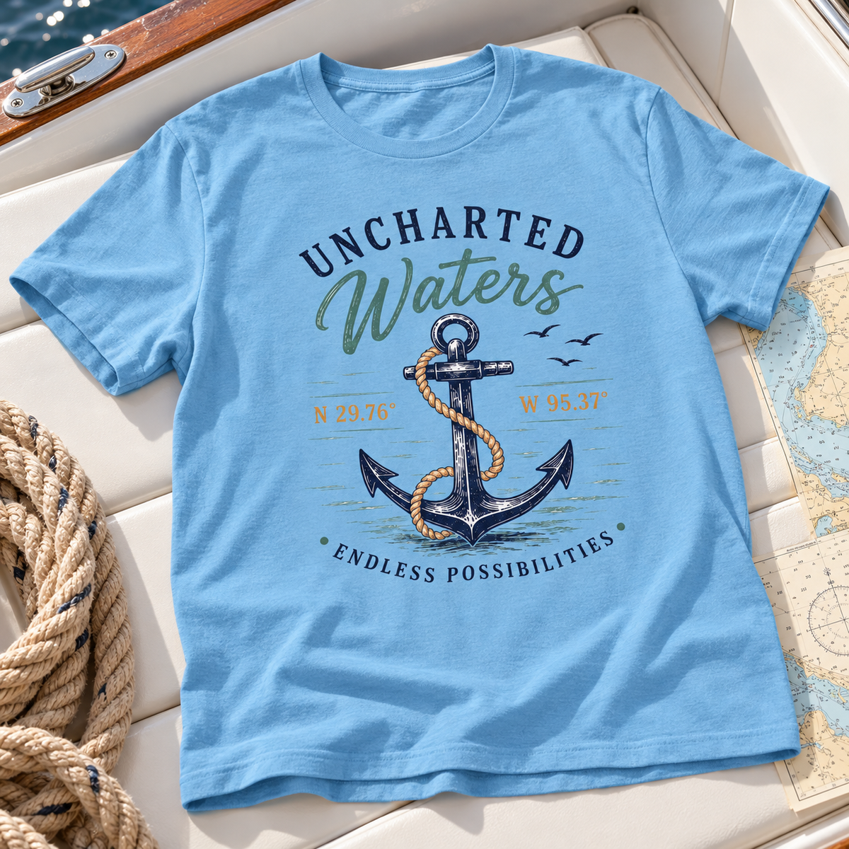 Uncharted Waters Anchor Shirt | Nautical Adventure Tee — zoomed-in lifestyle flat lay