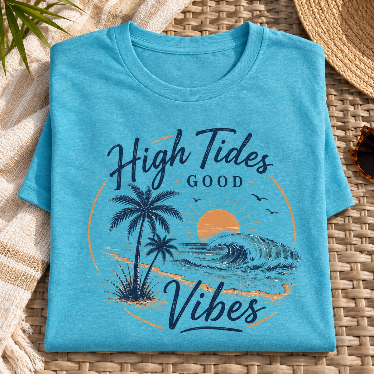 High Tides Good Vibes Beach Shirt | Sunset Palm Tee — folded lifestyle mockup