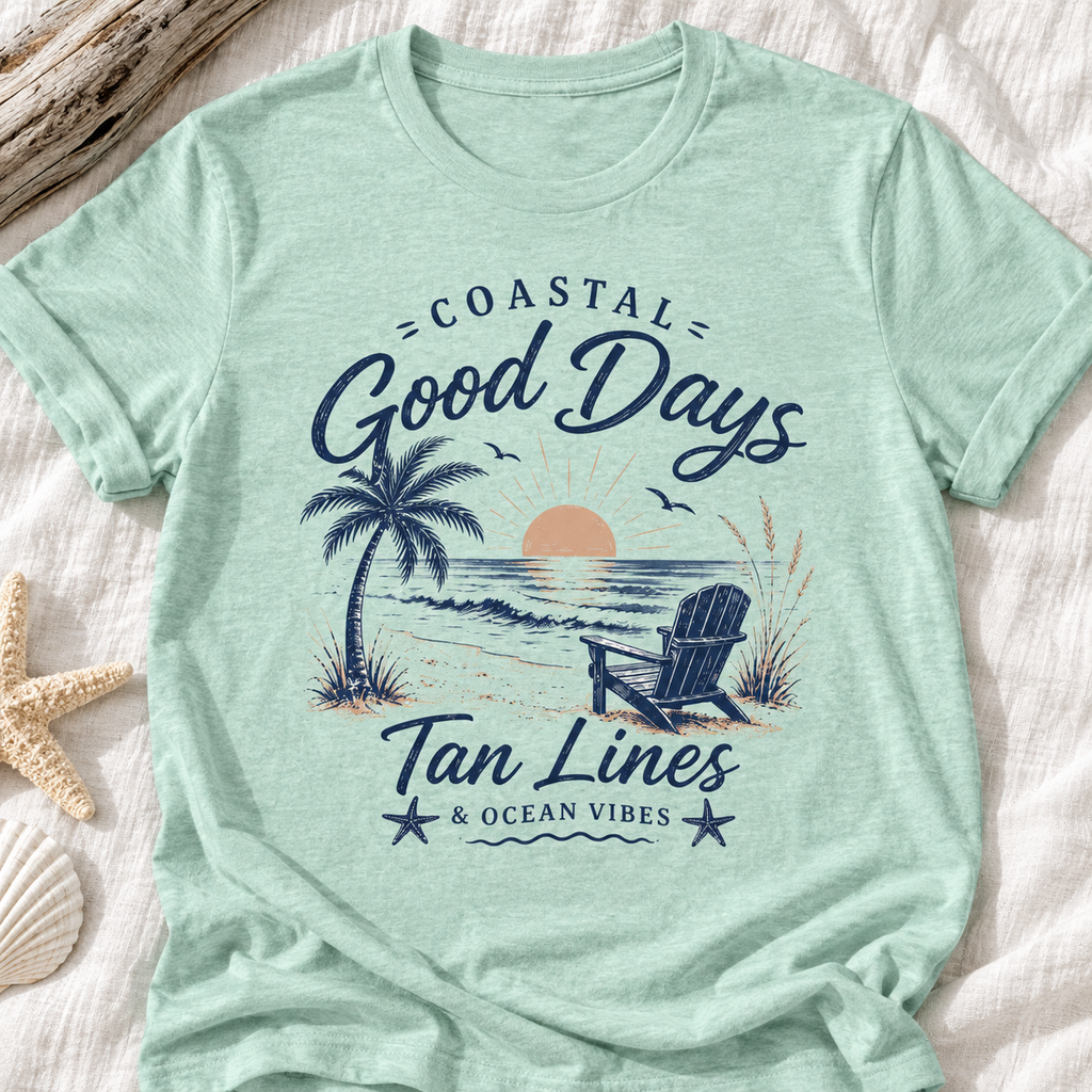 Good Days & Tan Lines Beach Shirt | Coastal Sunset Tee — zoomed-in lifestyle flat lay