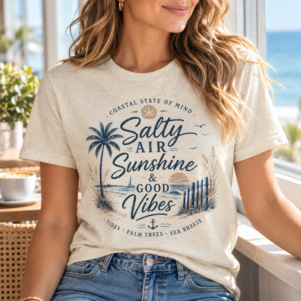 Salty Air Sunshine Good Vibes Shirt | Coastal Beach Tee — close-up model-worn lifestyle mockup