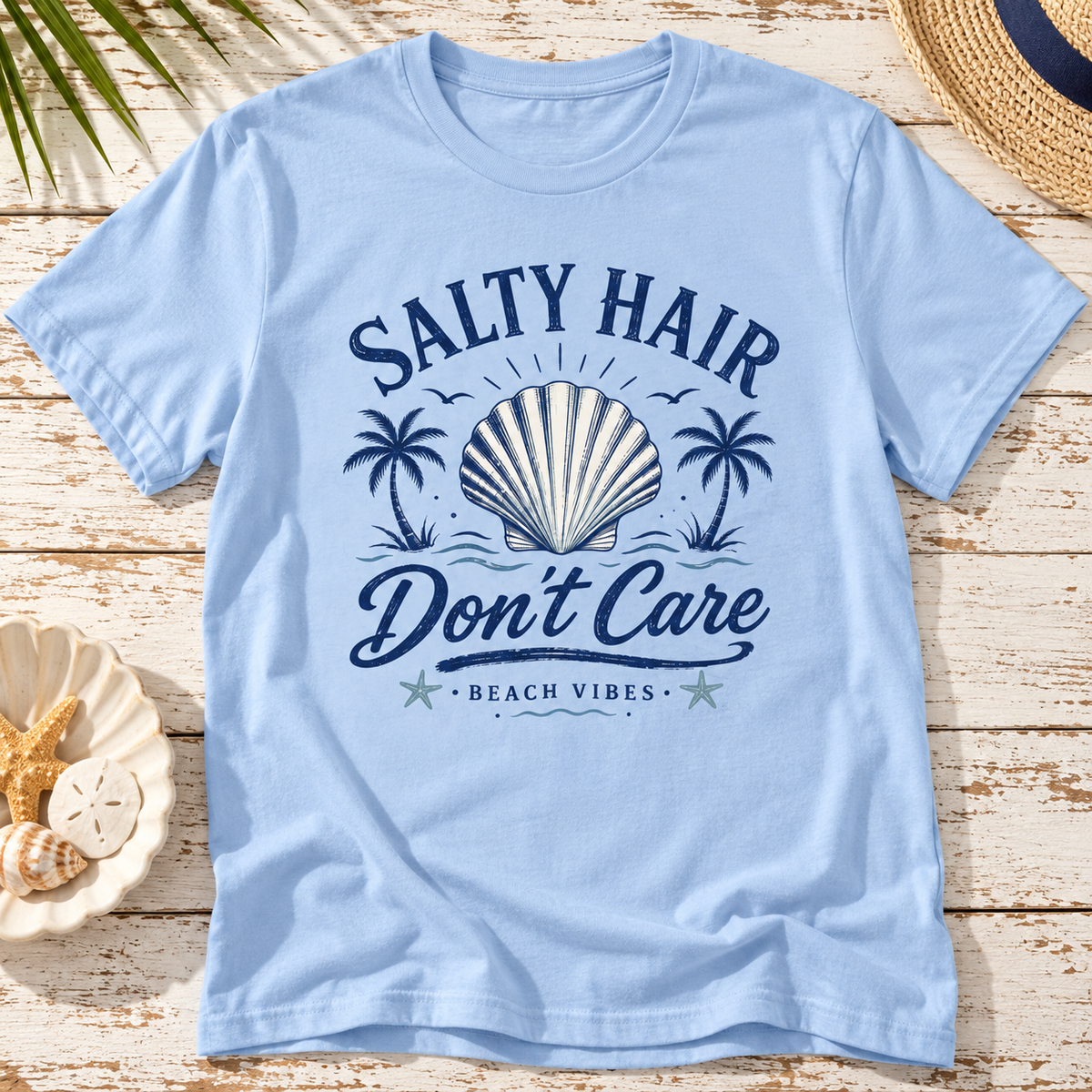 Salty Hair Don't Care Shirt | Beach Shell Tee — zoomed-in lifestyle flat lay