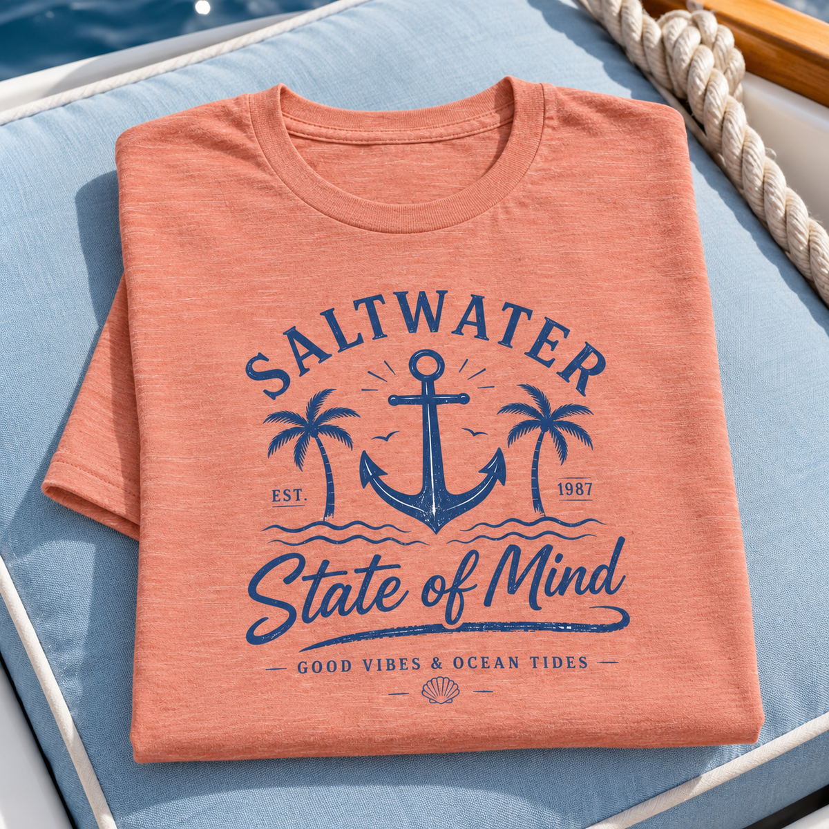 Saltwater State of Mind Shirt | Anchor Palm Beach Tee — folded lifestyle mockup