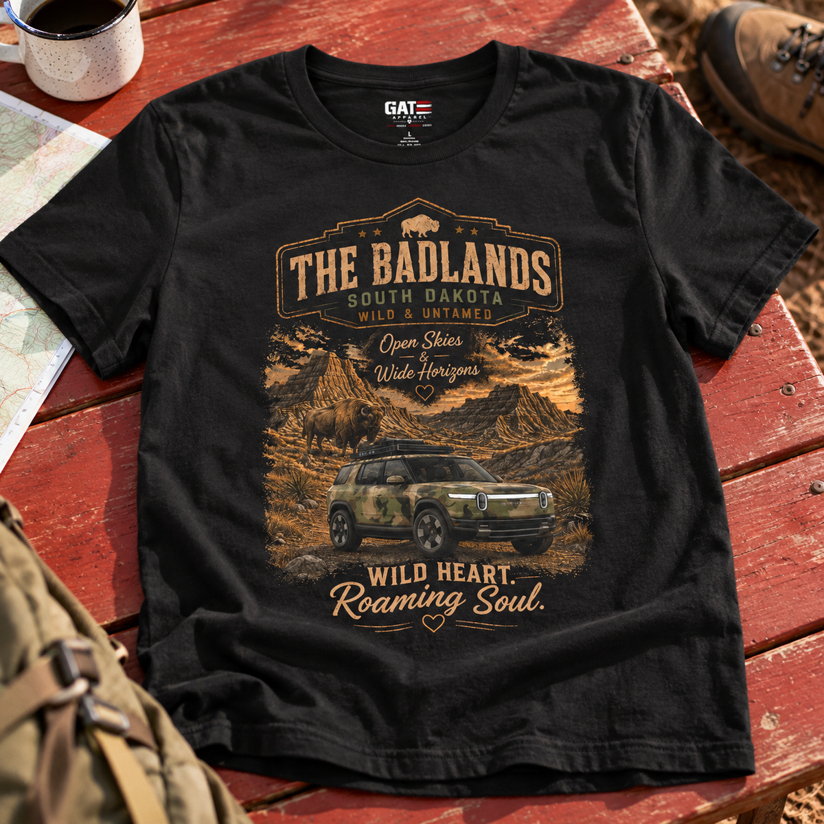 Badlands South Dakota Shirt | Off-Road Adventure Tee — zoomed-in lifestyle flat lay