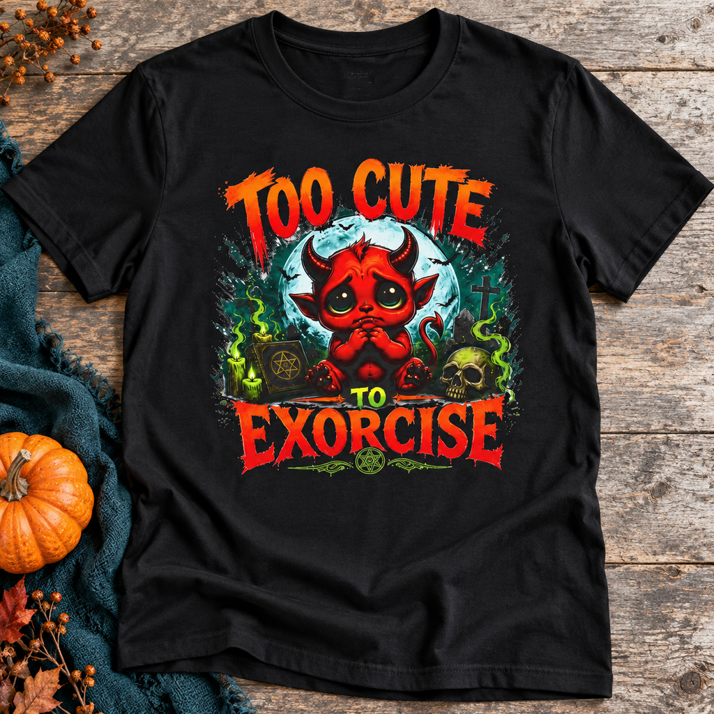 Too Cute to Exorcise Halloween Shirt | Cute Devil Tee — zoomed-in lifestyle flat lay