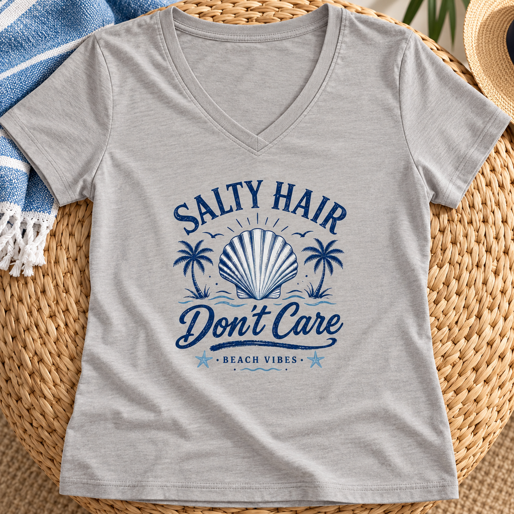 Salty Hair Don't Care Women's V-Neck Shirt | Beach Tee — zoomed-in lifestyle flat lay