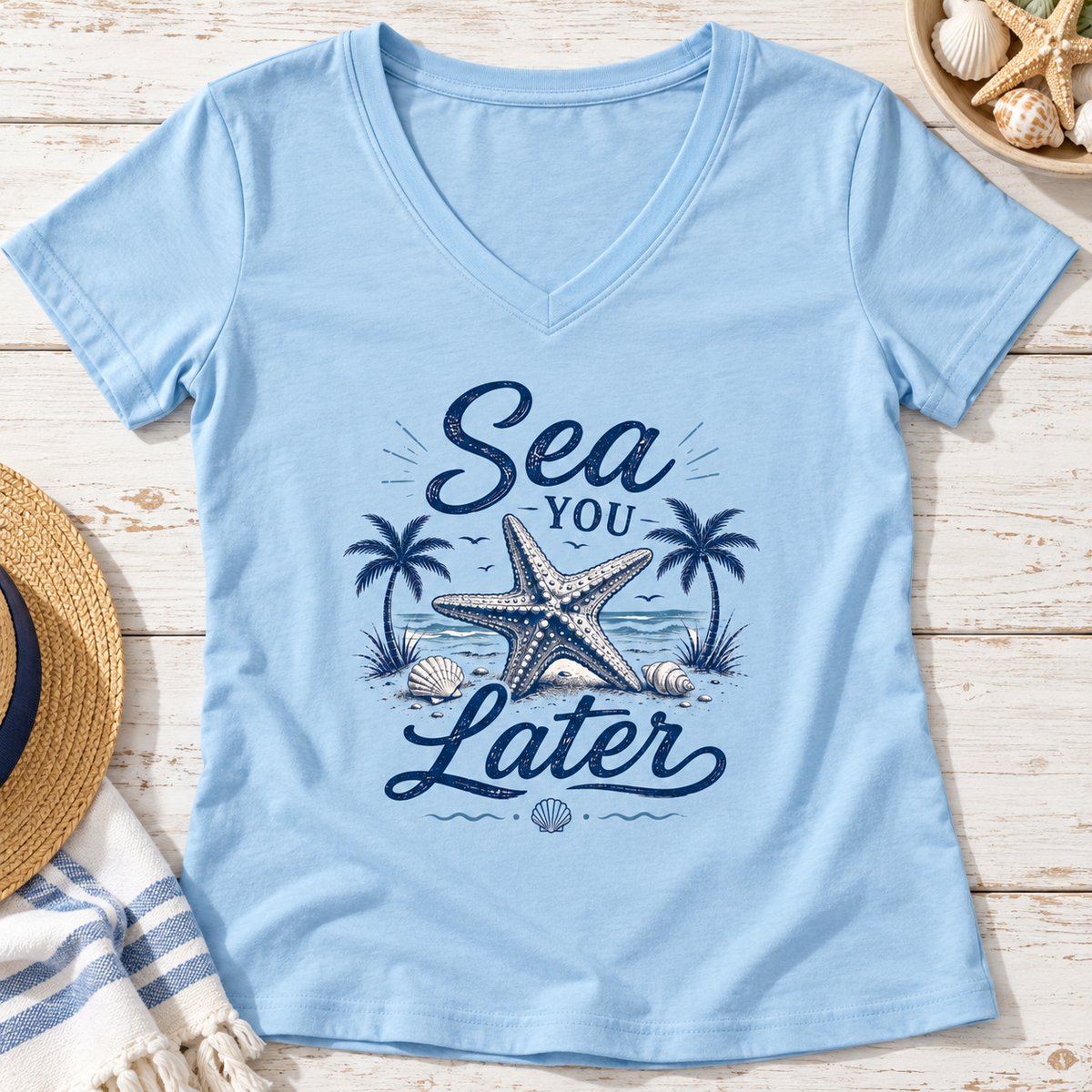 Sea You Later Women's V-Neck Shirt | Starfish Beach Tee — zoomed-in lifestyle flat lay
