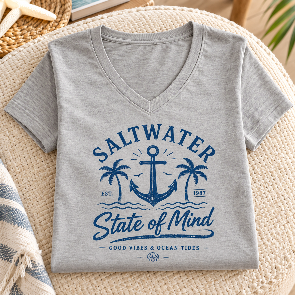 Saltwater State of Mind V-Neck Shirt | Women's Beach Tee — folded lifestyle mockup
