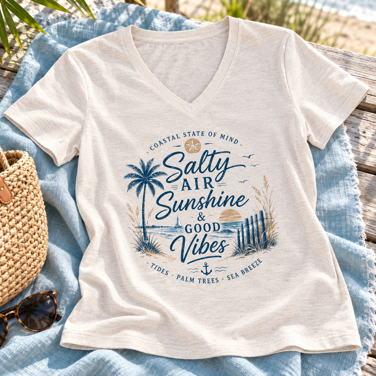 Salty Air Sunshine Good Vibes V-Neck Shirt | Women's Beach Tee — zoomed-in lifestyle flat lay