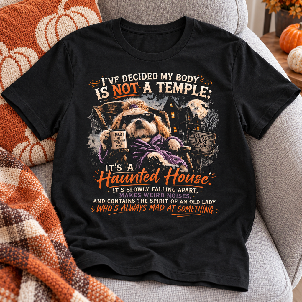 My Body Is Not a Temple Halloween Shirt | Haunted House Tee — zoomed-in lifestyle flat lay