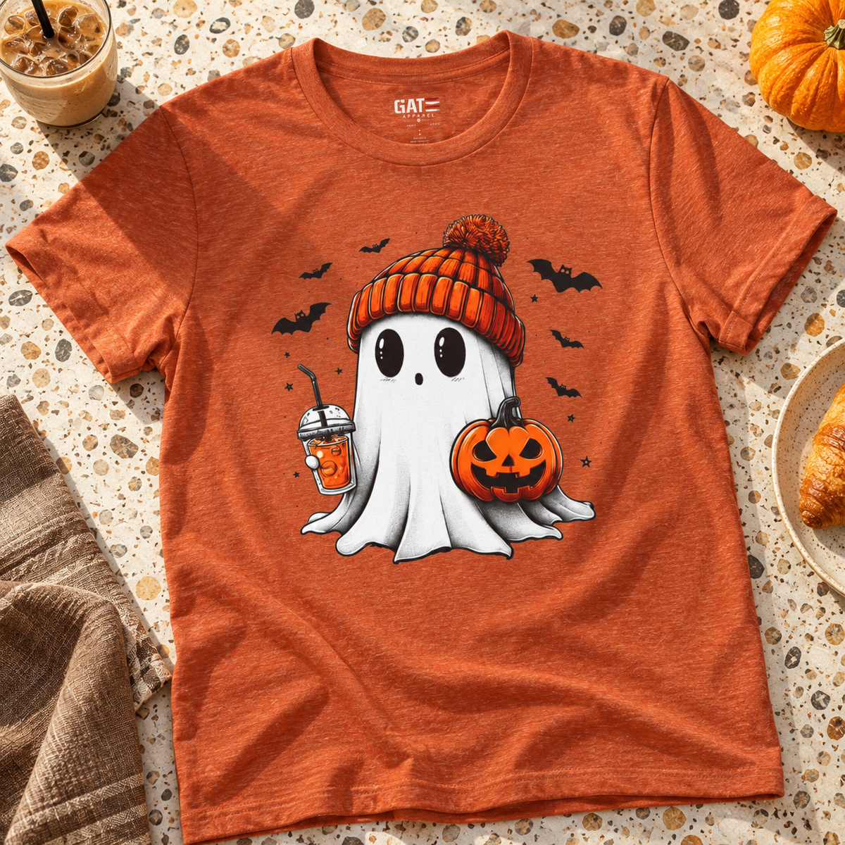 Pumpkin Spice Ghost Shirt | Cute Halloween Graphic Tee — zoomed-in lifestyle flat lay