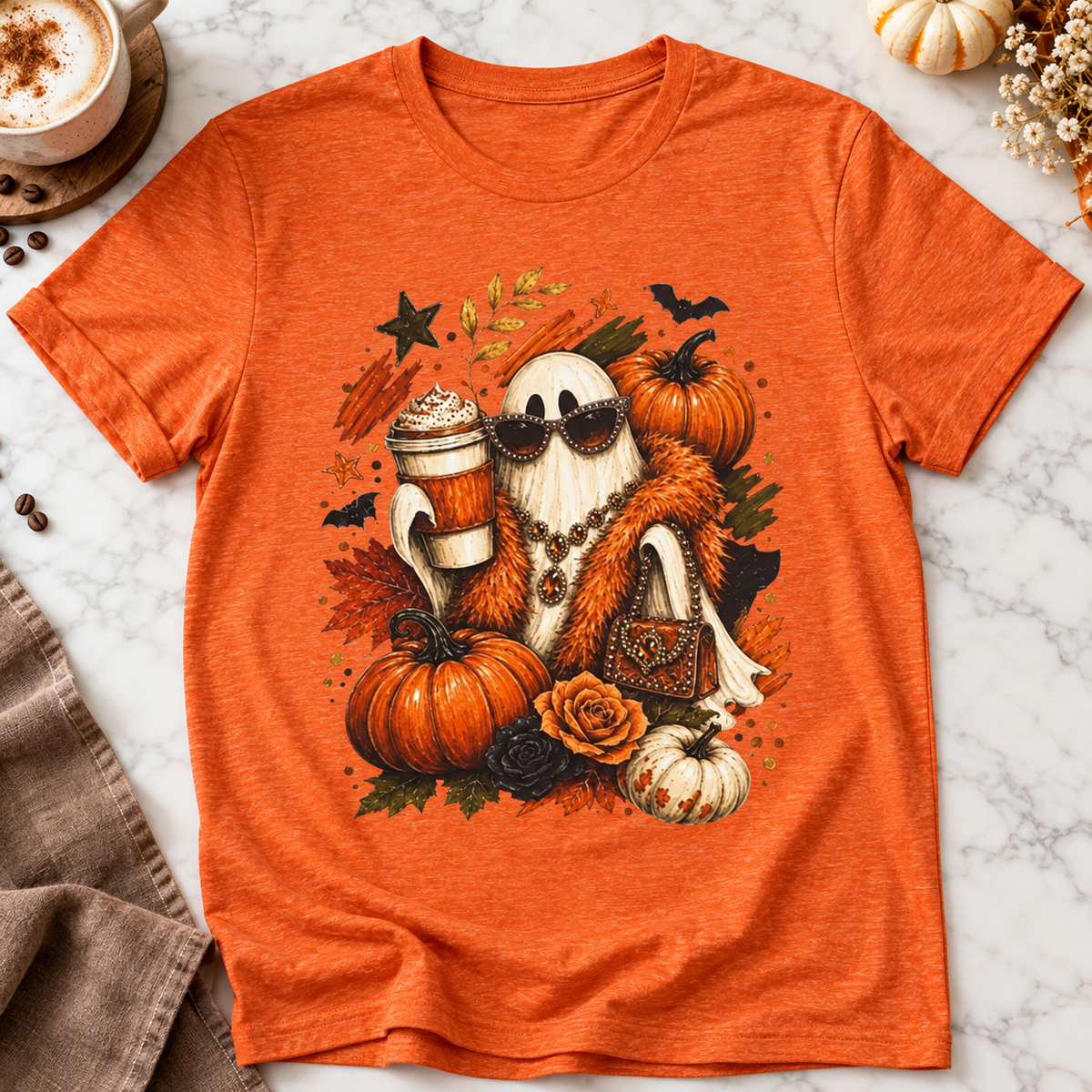 Halloween Pumpkin Ghost Coffee T-Shirt — zoomed-in lifestyle flat lay