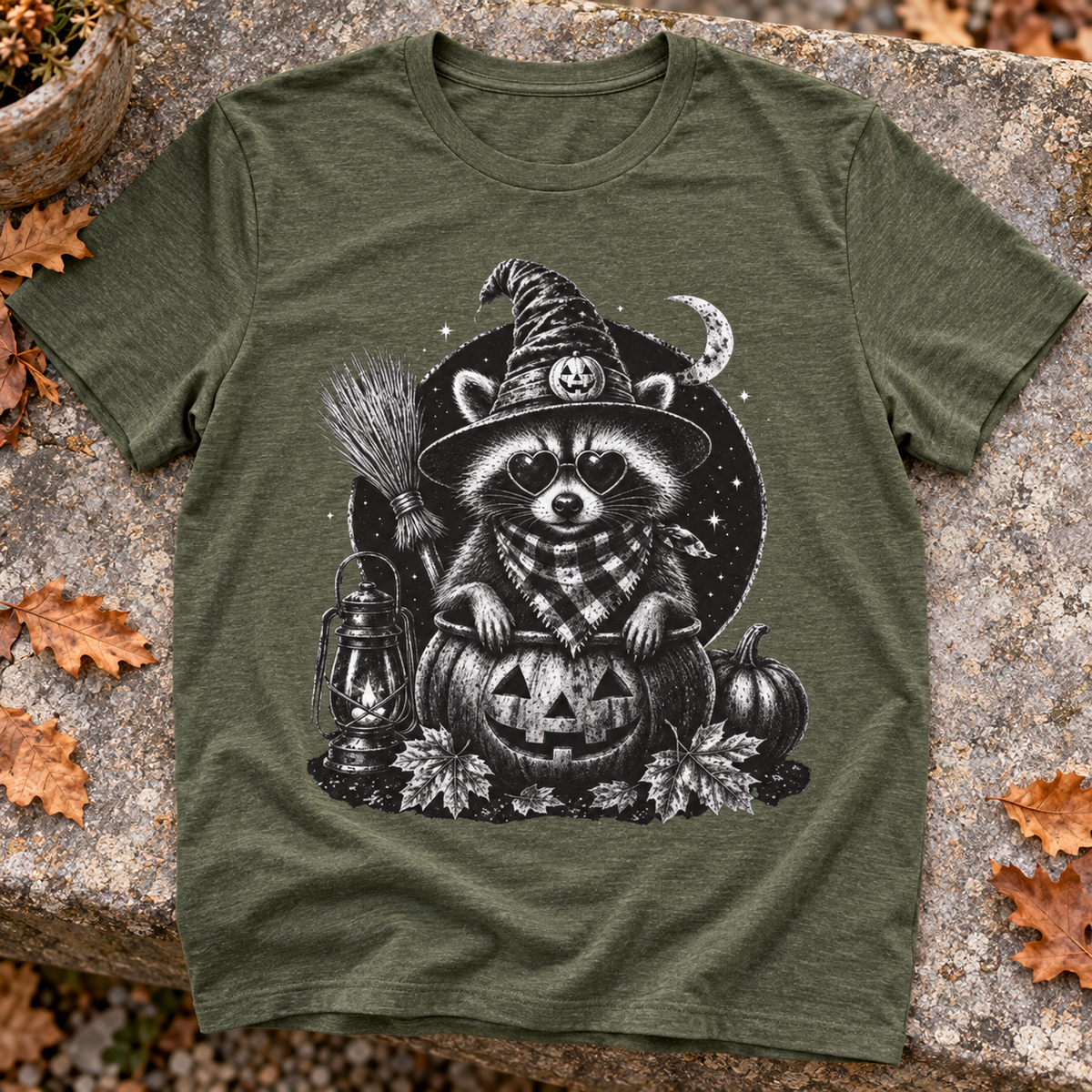 Cute Halloween Raccoon Witch T-Shirt — zoomed-in lifestyle flat lay