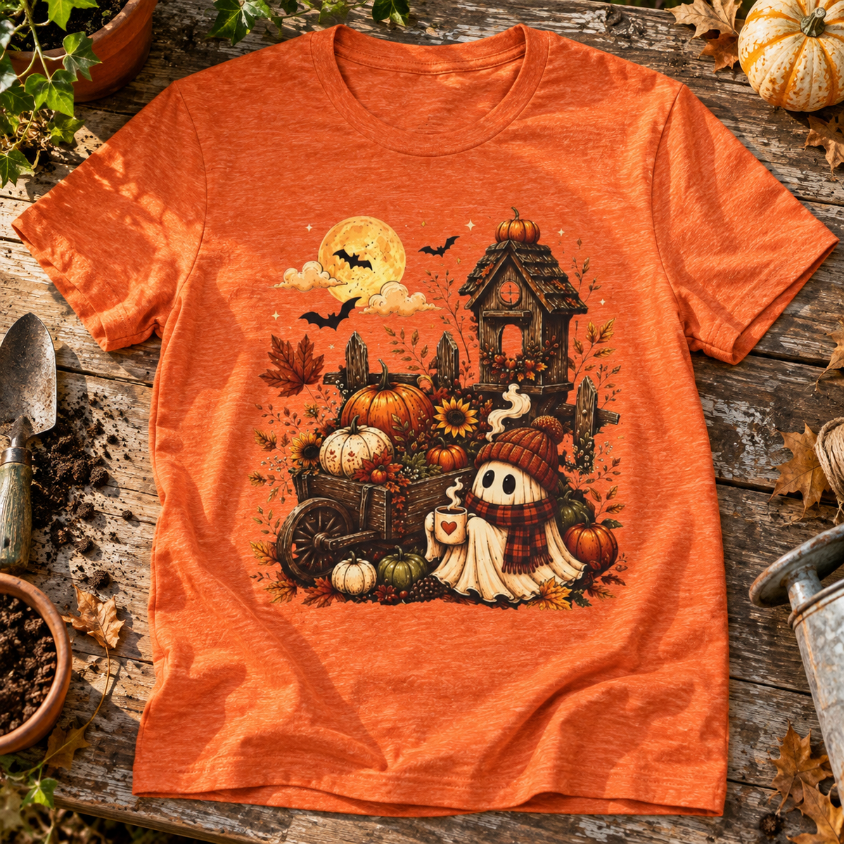 Halloween Pumpkin Patch Ghost T-Shirt — zoomed-in lifestyle flat lay