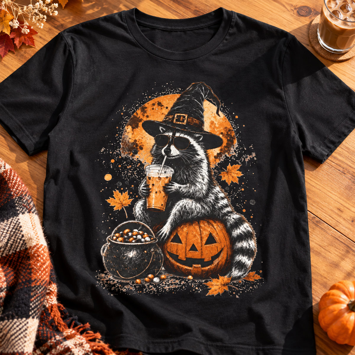 Halloween Raccoon Witch T-Shirt — zoomed-in lifestyle flat lay