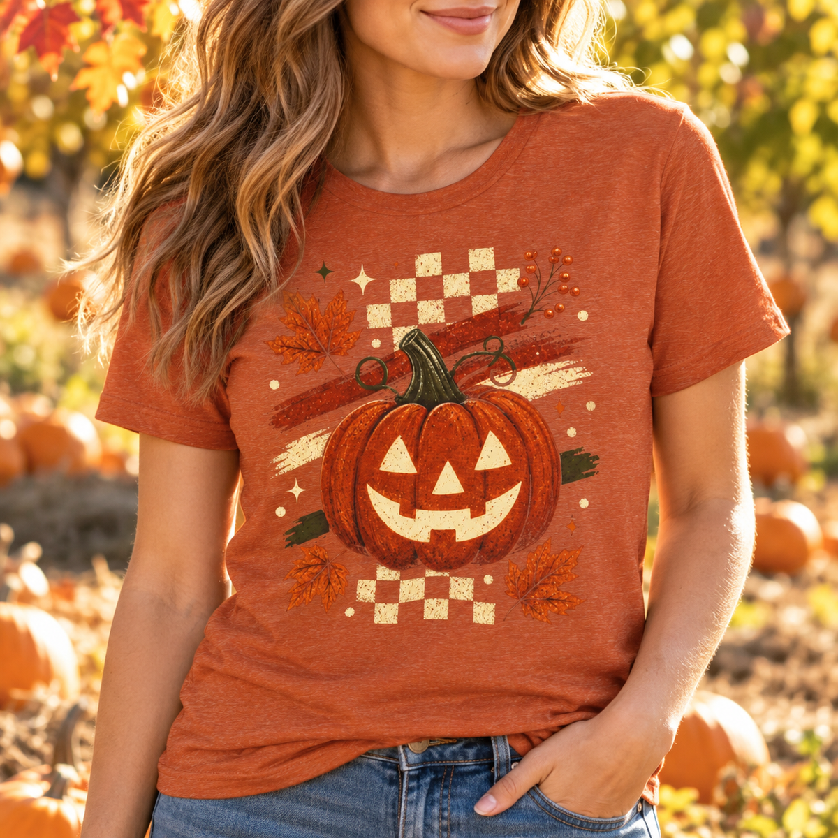 Halloween Jack-O’-Lantern Pumpkin T-Shirt — close-up model-worn lifestyle mockup