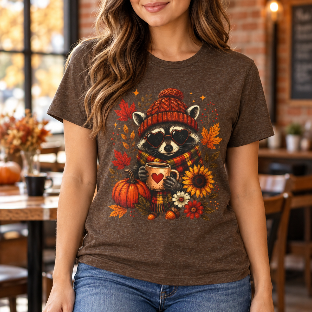 Cozy Fall Raccoon Pumpkin & Cocoa T-Shirt — woman wearing shirt