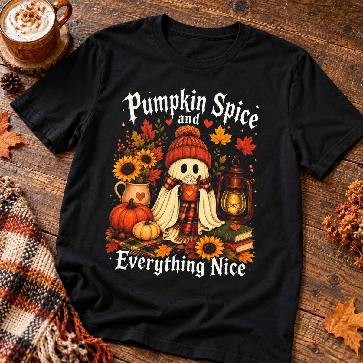 Pumpkin Spice Everything Nice Scarecrow T-Shirt — zoomed-in lifestyle flat lay
