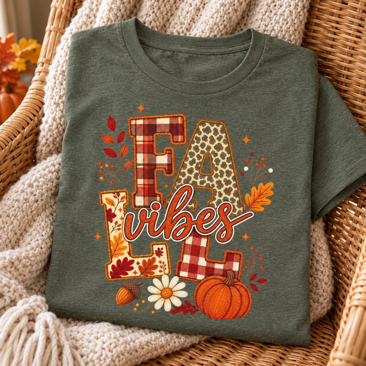 Fall Vibes Plaid Pumpkin T-Shirt — folded lifestyle mockup