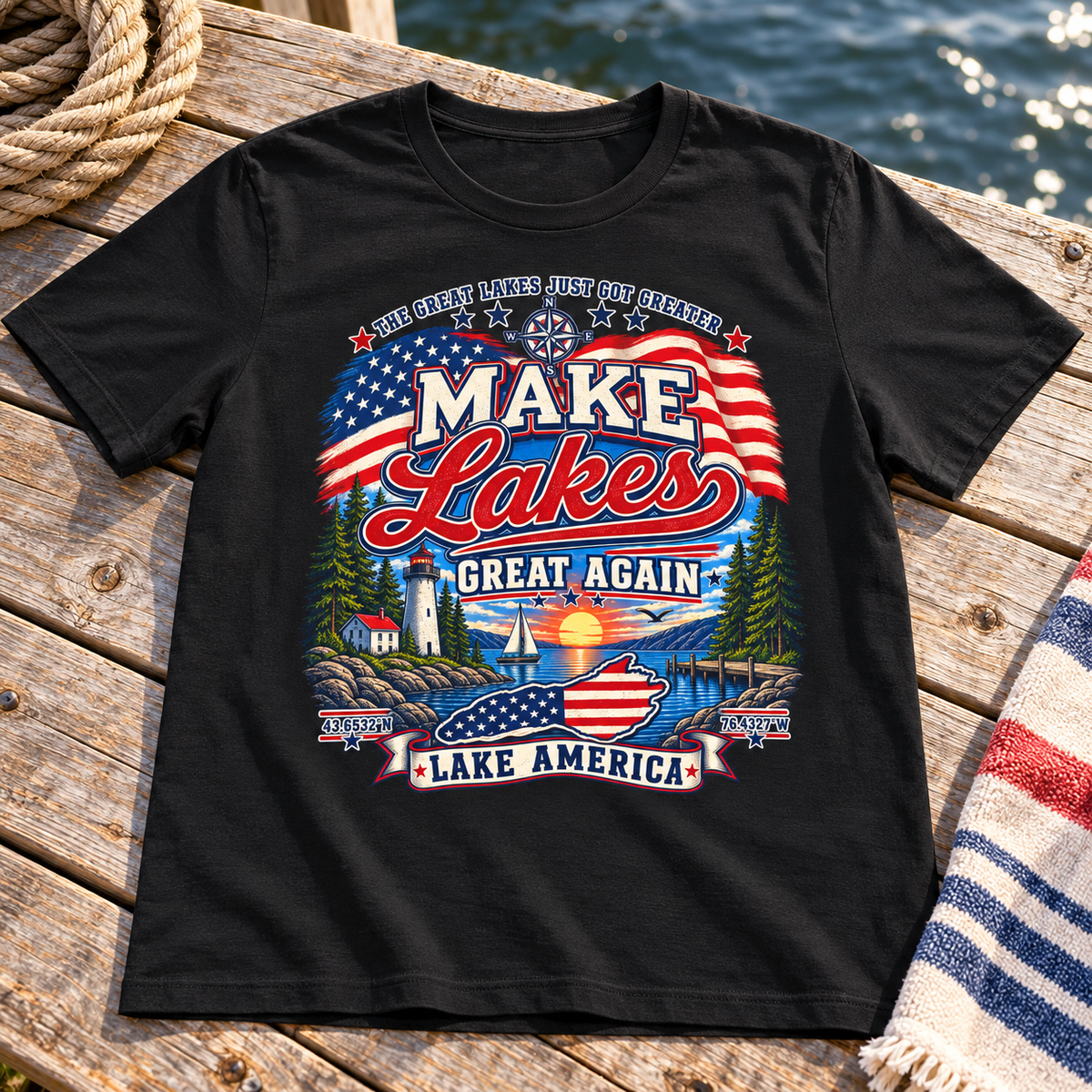 Make Lakes Great Again Shirt | Lake America Patriotic Tee — zoomed-in lifestyle flat lay