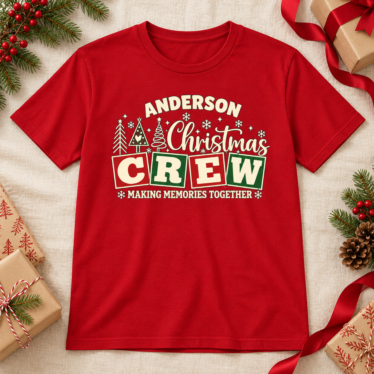 Making Memories Together Christmas Crew T-Shirt — zoomed-in lifestyle flat lay