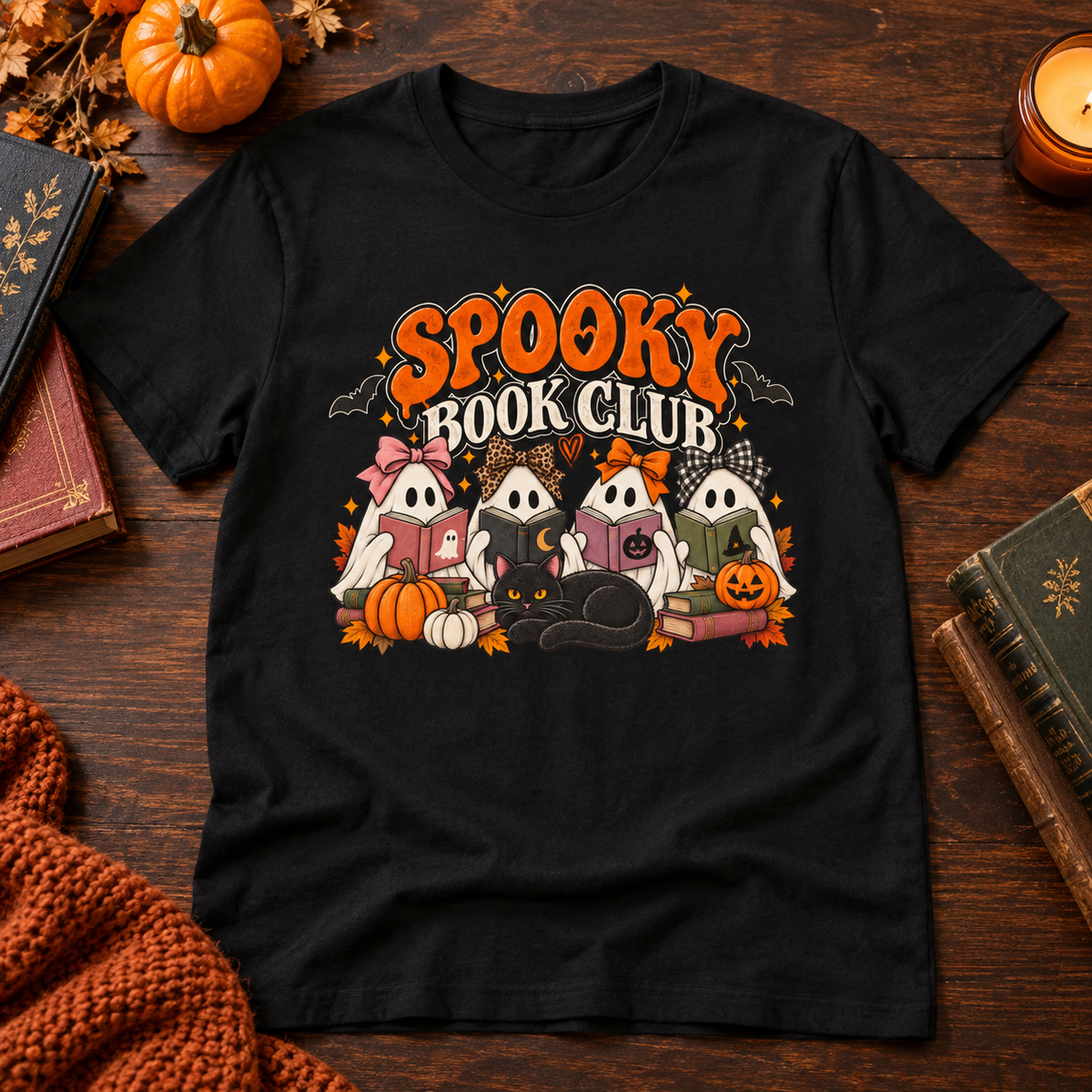 Spooky Book Club Halloween Shirt | Ghost Reading Tee — zoomed-in lifestyle flat lay