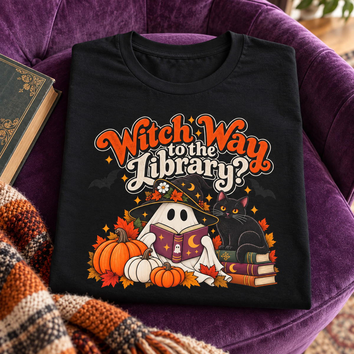 Witch Way to the Library Halloween Shirt | Book Lover Tee — folded lifestyle mockup