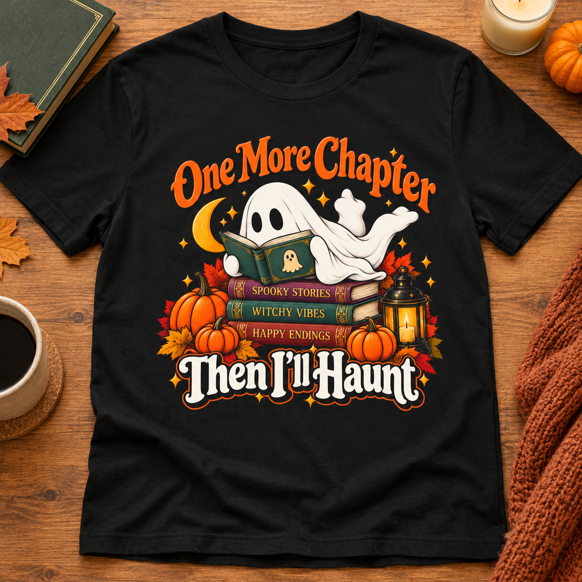 One More Chapter Then I'll Haunt Shirt | Halloween Book Tee — zoomed-in lifestyle flat lay