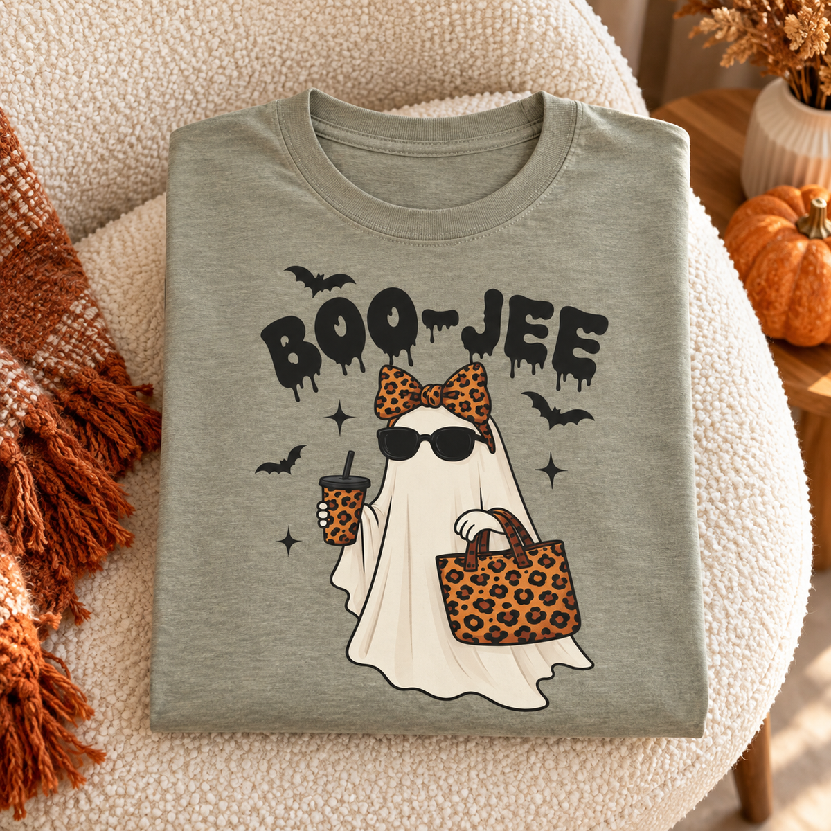Boo-jee Ghost Shirt | Leopard Halloween Graphic Tee — folded lifestyle mockup