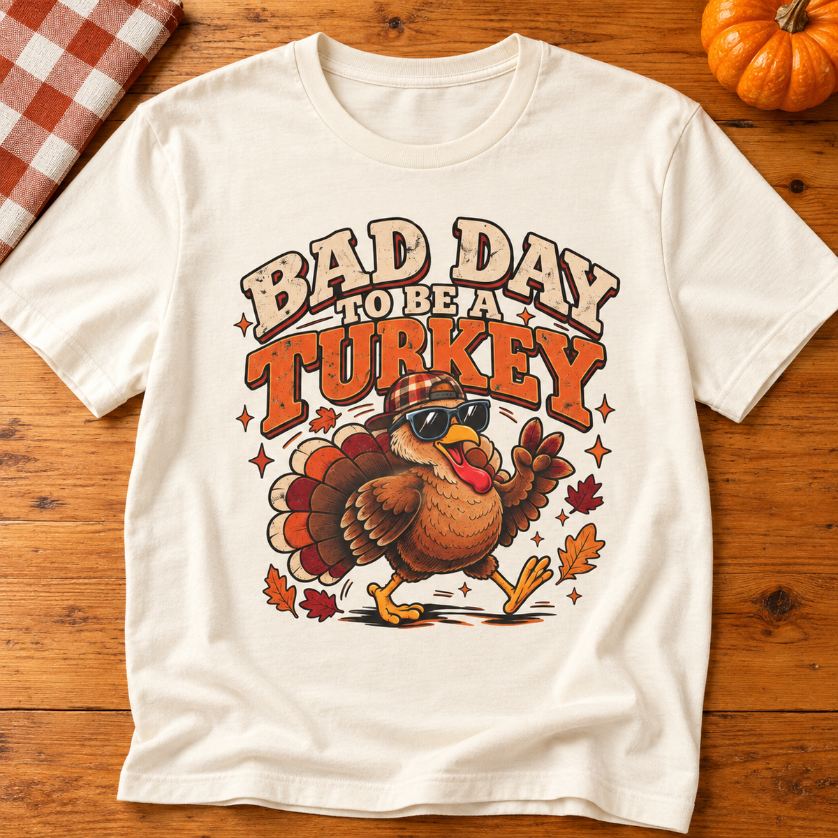 Bad Day to Be a Turkey Tee - Funny Thanksgiving Turkey T‑Shirt — zoomed-in lifestyle flat lay