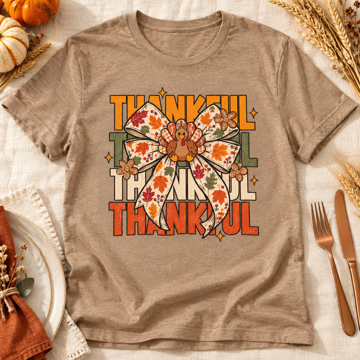 Thankful Bow Shirt | Retro Thanksgiving Graphic Tee — zoomed-in lifestyle flat lay