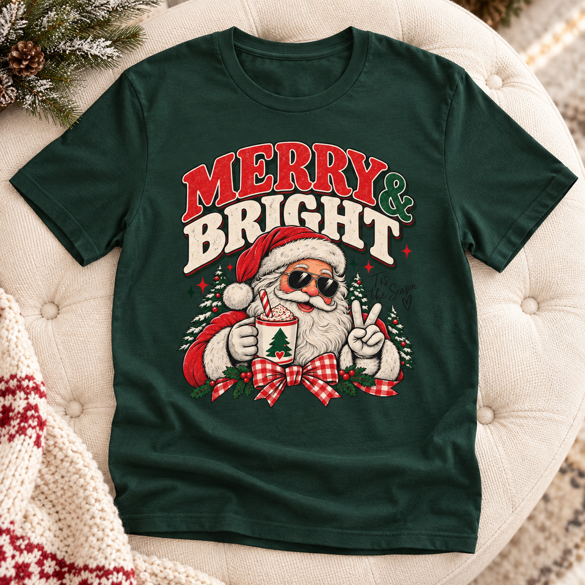 Merry & Bright Santa Shirt | Retro Christmas Graphic Tee — zoomed-in lifestyle flat lay