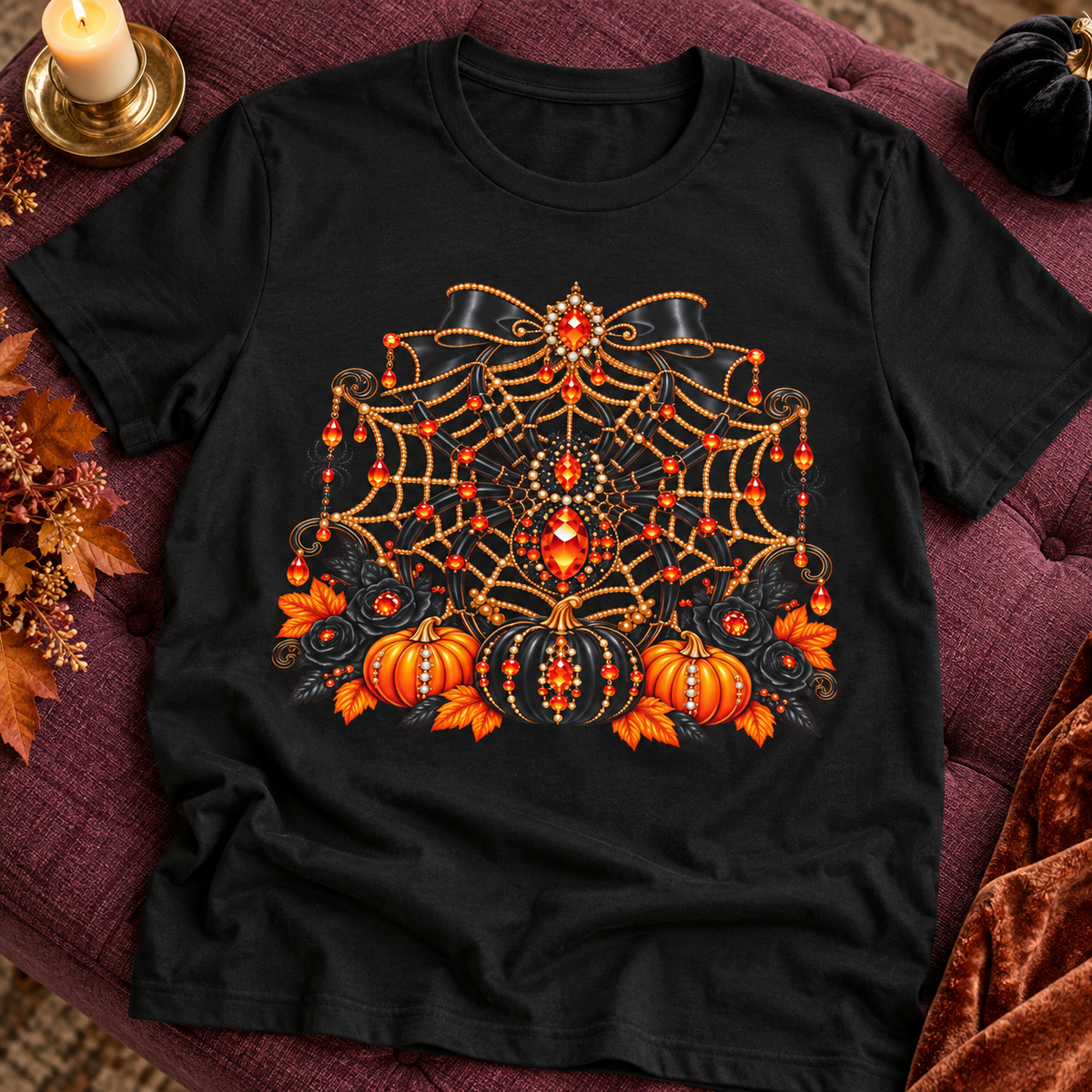Halloween Spider & Pumpkins Shirt | Gothic Fall Graphic Tee — zoomed-in lifestyle flat lay