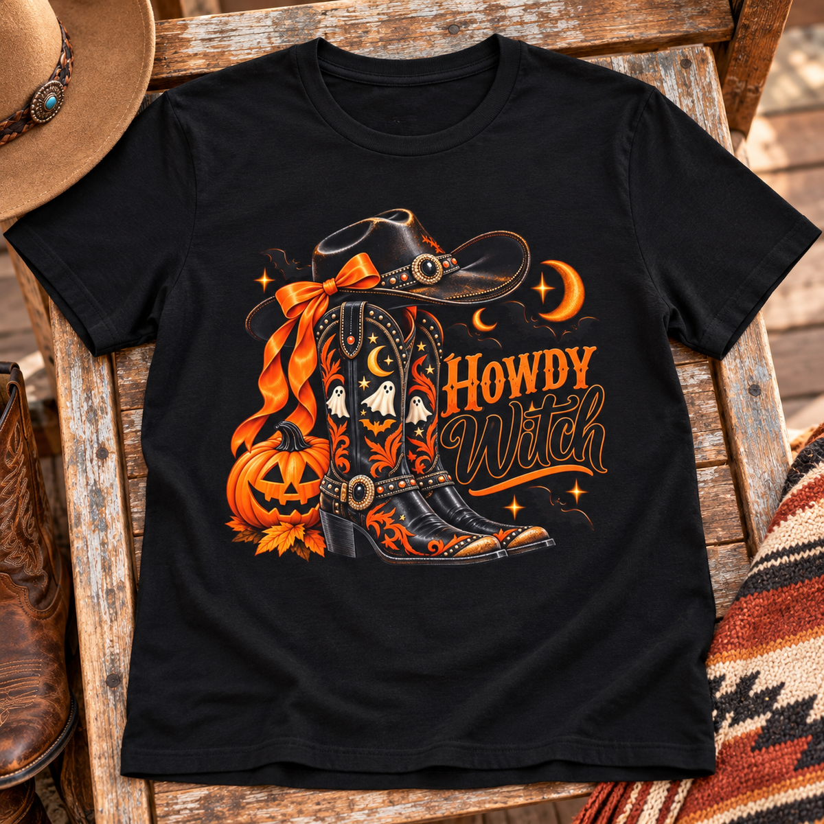 Howdy Witch Halloween Shirt | Western Cowboy Pumpkin Tee — zoomed-in lifestyle flat lay