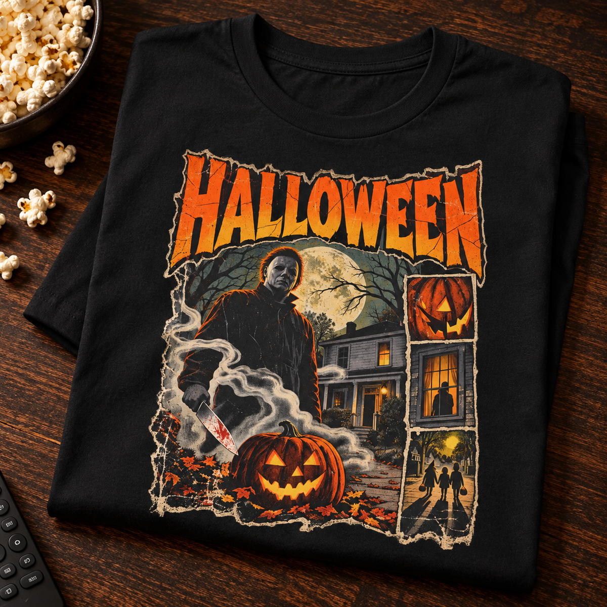 Halloween Haunted House Shirt | Grim Reaper Pumpkin Tee — folded lifestyle mockup