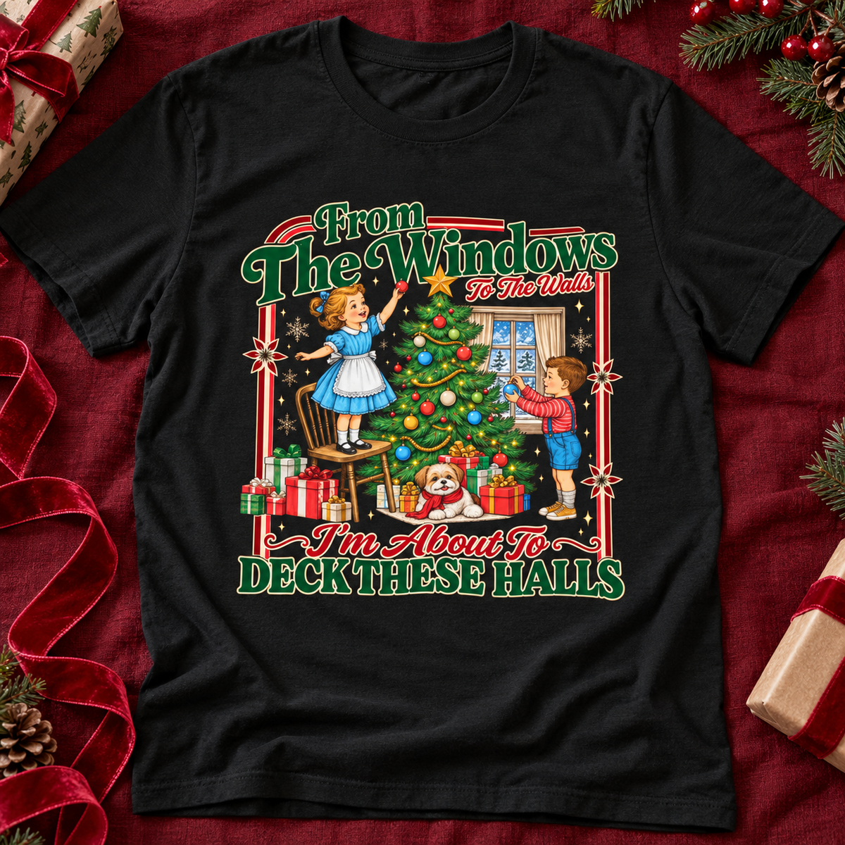 Deck These Halls Christmas Shirt | Retro Holiday Decorating Tee — zoomed-in lifestyle flat lay