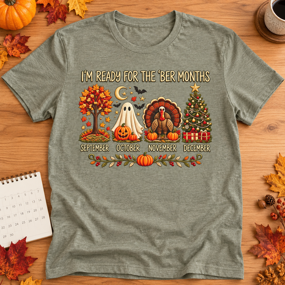 September to December Shirt | Fall Thanksgiving Christmas Tee — zoomed-in lifestyle flat lay