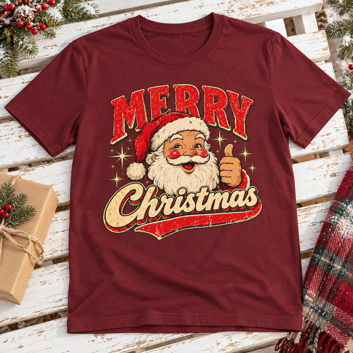 Merry Christmas Santa T-Shirt — Vintage Holiday Graphic Tee — zoomed-in lifestyle flat lay