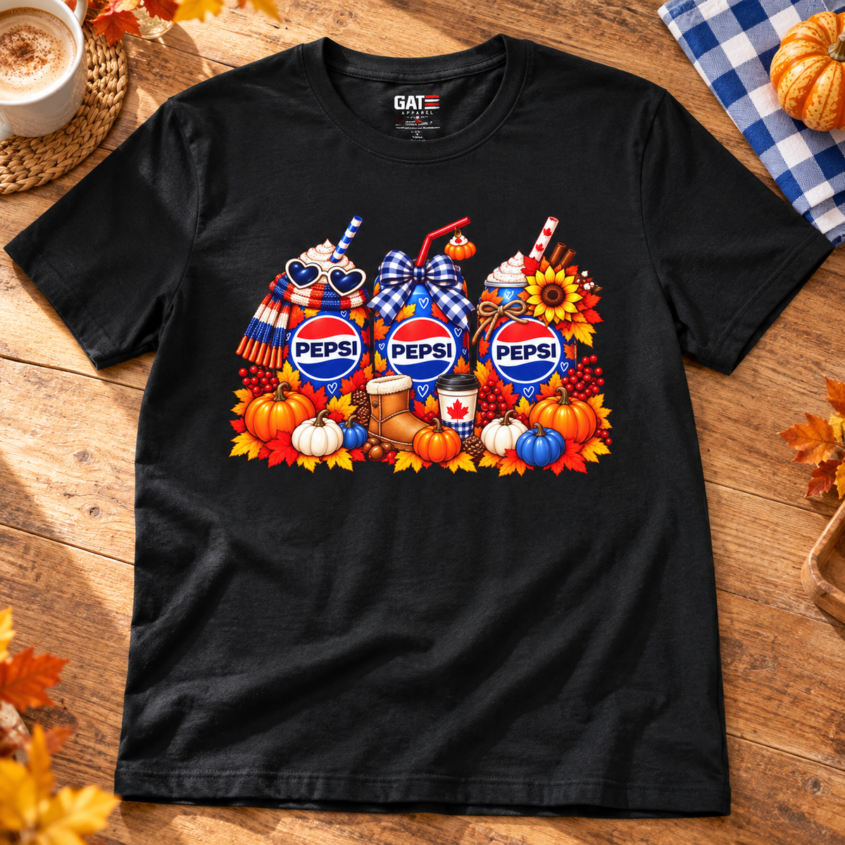 Pepsi Pumpkin Fall T‑Shirt — Autumn Pumpkin & Sunflower Soda Design — zoomed-in lifestyle flat lay